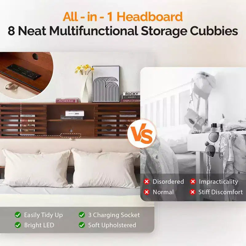 Cadre de lit en bois brun de luxe Karl Home, taille double, plateforme avec tête de lit capitonnée à LED, station de recharge