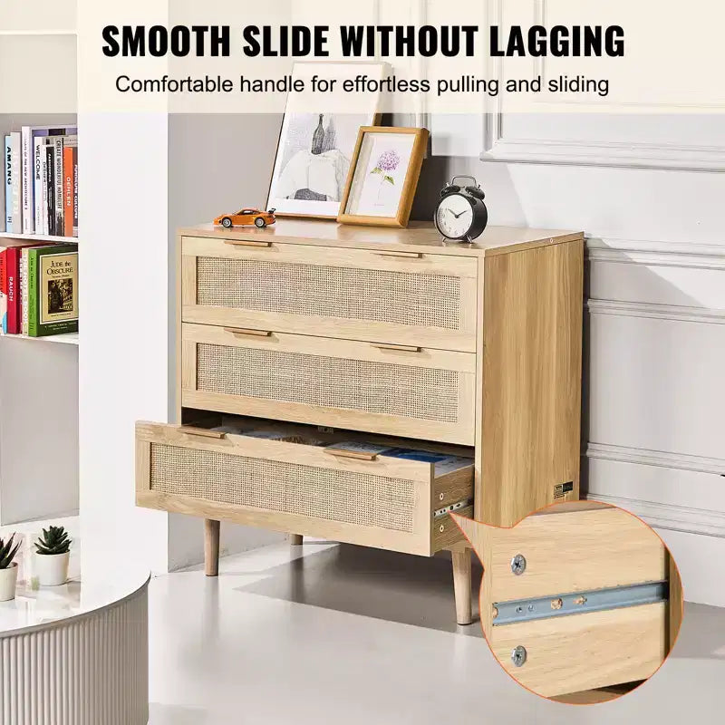 Commode 3 tiroirs en rotin VEVOR, Commode de placard en rotin naturel avec 3 tiroirs, Organisateur et rangement de vêtements de poitrine en bois moderne de style bohème, Couleur bois