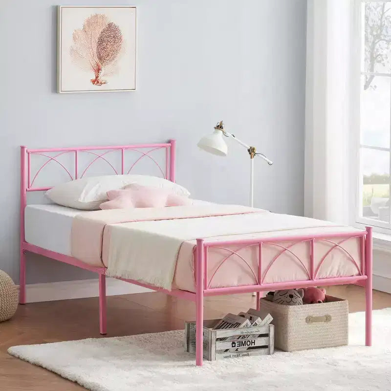 Cadre de lit double avec tête de lit, Cadre de lit simple pour filles/garçons/adolescents, Support à lattes métalliques robustes, Pas besoin de sommier tapissier, Montage facile, Rose