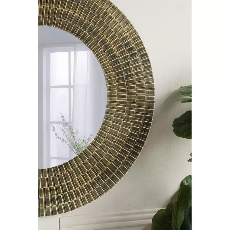 Miroir Mural Rond en Bois Or et Noir de 75 cm avec Texture Tressée