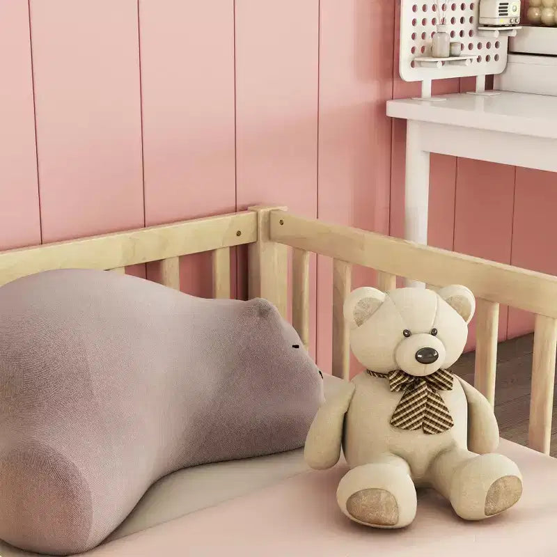 Lit double superposé avec barrière de sécurité, lit plateforme en bois avec clôture pour 2 enfants