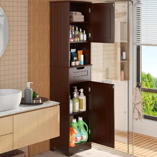 Meuble de rangement haut de salle de bain étroit de 170 cm, armoire autoportante en bois massif à 5 niveaux
