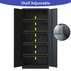 Armoire de rangement de garage en métal 72H, armoire de rangement noire en acier avec portes et 4 étagères