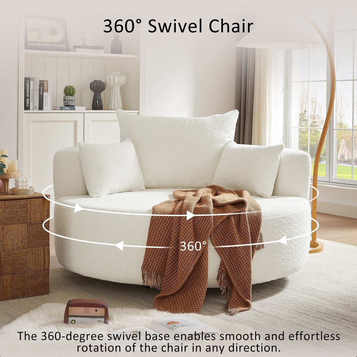 Fauteuil baril accent en chenille, Fauteuil de salon, Fauteuil rond avec base pivotante à 360 degrés et 3 coussins amovibles