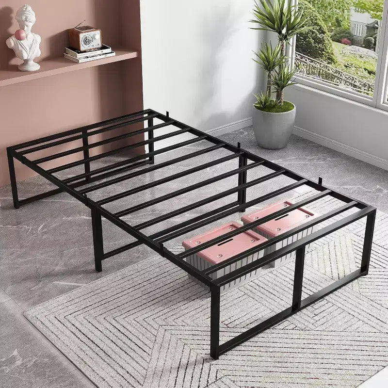 Cadre de lit double en métal de 14 pouces, plateforme robuste, lattes en acier solides, base de matelas, aucun sommier tapissier requis, montage facile, silencieux, noir