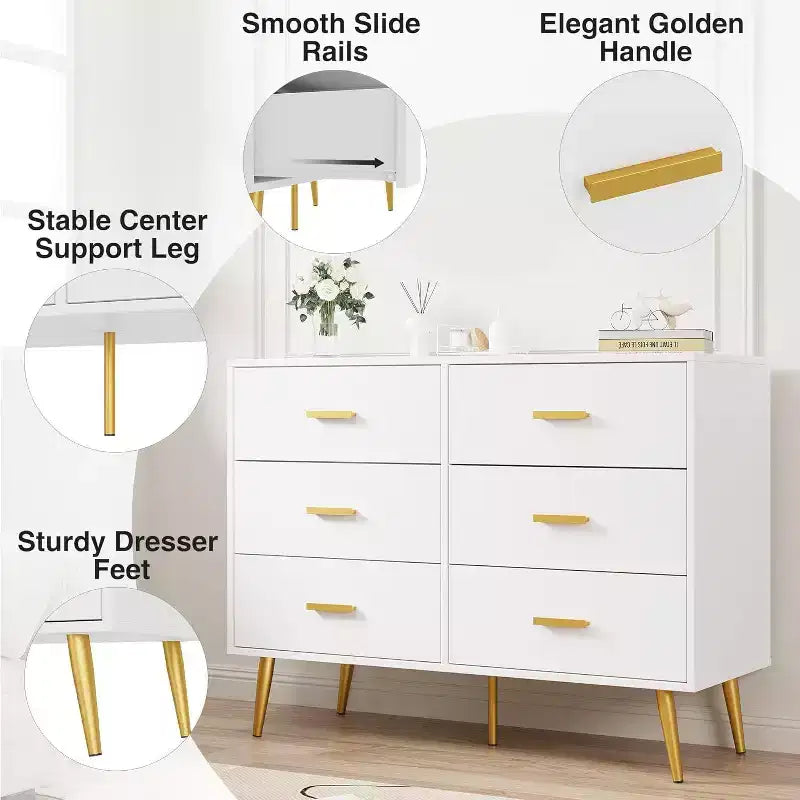 Commode moderne à 6 tiroirs avec espace de rangement, commode en bois avec poignées dorées, commode avec tiroirs profonds pour chambre à coucher, salon, bureau