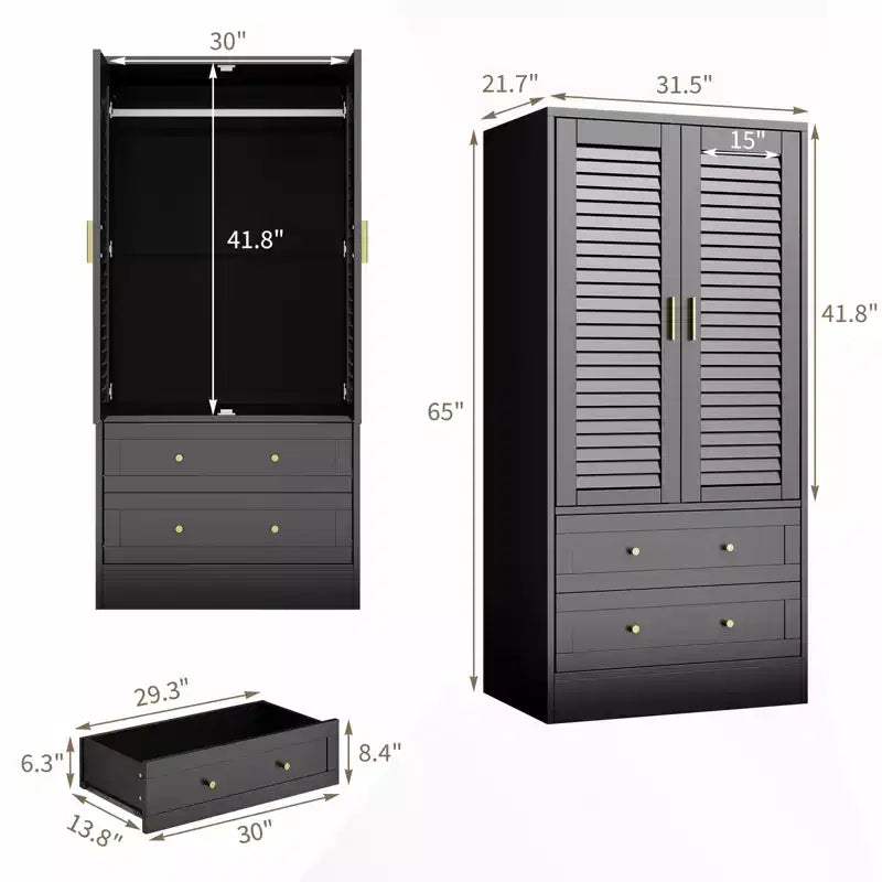 Armoire penderie à persiennes de 165 cm, Meuble de rangement en bois avec 2 portes et 2 tiroirs, Armoire de chambre avec tringle de suspension