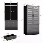 Armoire penderie à persiennes de 165 cm, Meuble de rangement en bois avec 2 portes et 2 tiroirs, Armoire de chambre avec tringle de suspension