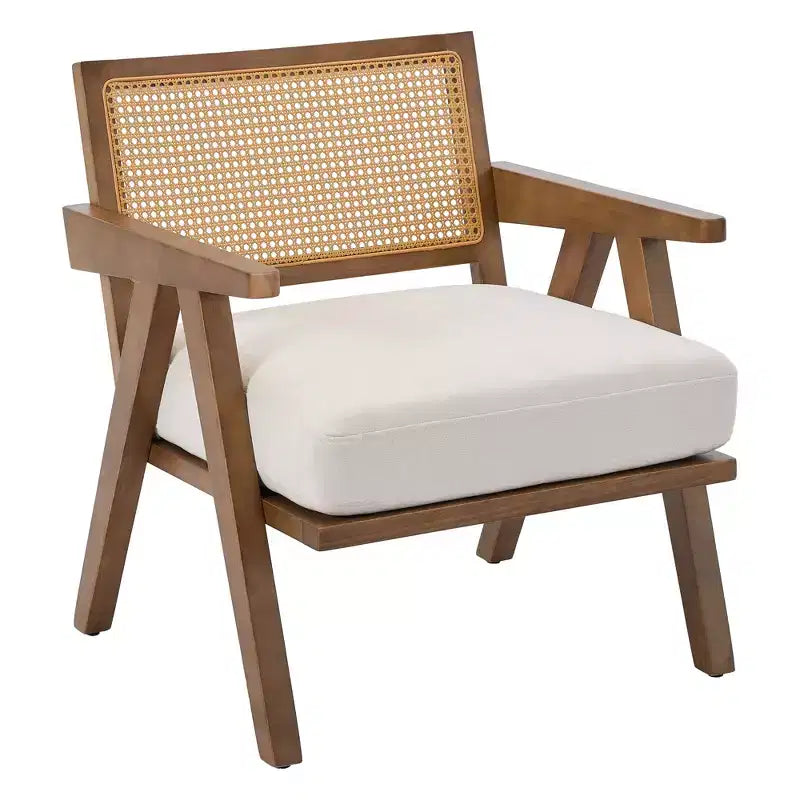 Fauteuil d'appoint de ferme du milieu du siècle - Fauteuil en bois avec dossier en rotin et coussin en lin pour salon, chambre