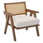 Fauteuil d'appoint de ferme du milieu du siècle - Fauteuil en bois avec dossier en rotin et coussin en lin pour salon, chambre