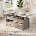 Table basse relevable avec 2 tiroirs et rangement caché, table en bois convertible pour salon et bureau à domicile
