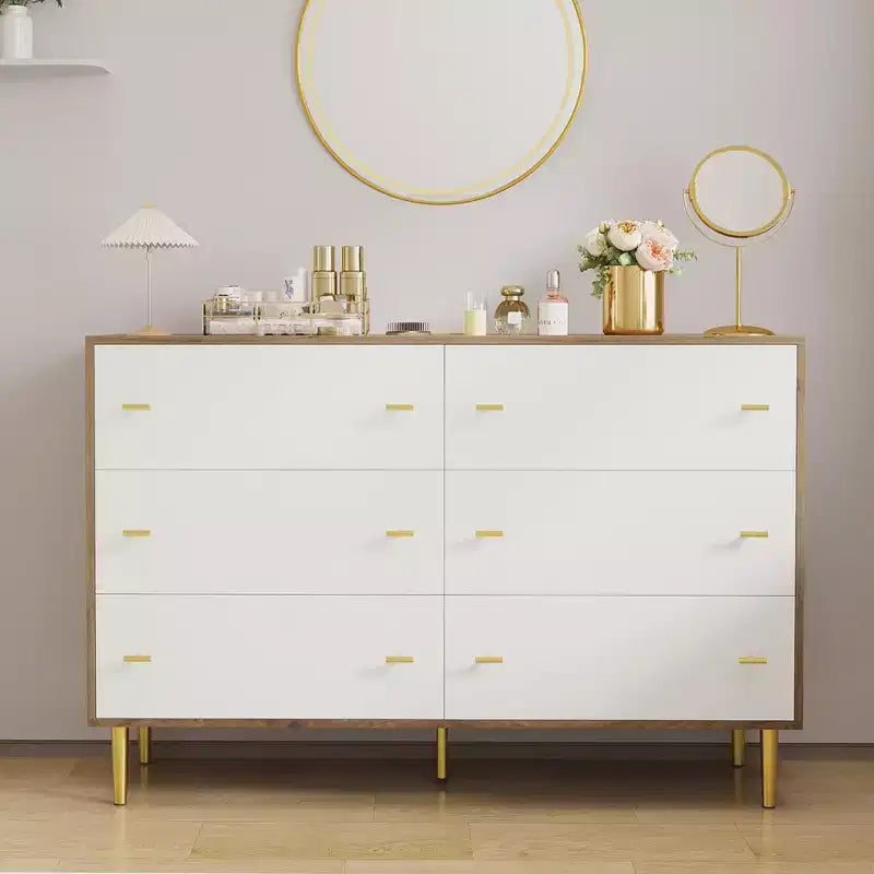 Commode de chambre à 6 tiroirs style ferme, 120 cm de large, en bois rustique, avec grands tiroirs et poignées barre, organisateur de tiroirs pour le salon