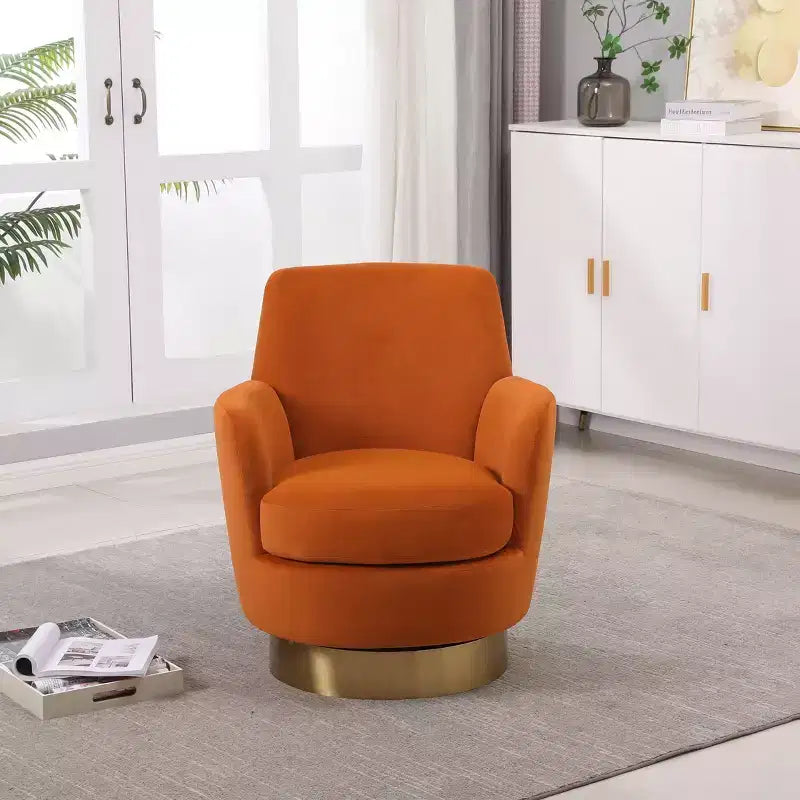 Fauteuil pivotant moderne Okak, fauteuils ronds avec base en acier inoxydable doré, pour salon et chambre