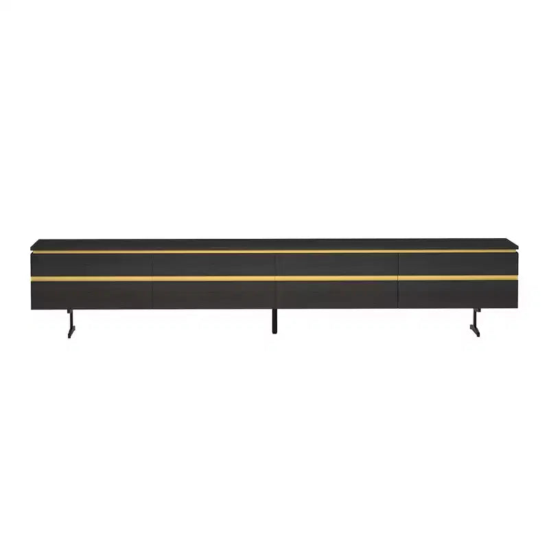 Meuble TV et console média noir Luck Live Farmhouse 86.61 avec tiroirs de rangement dissimulés, armoires fermées, pieds en métal et gestion des câbles