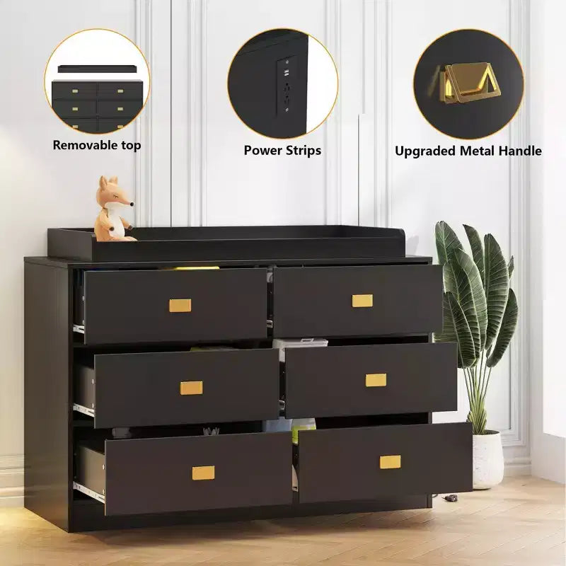 Commode de chambre d'enfant Coolmee avec plan à langer, commode bébé à 6 tiroirs avec kit anti-basculement, plateau étanche et rails de sécurité pour l'organisation du rangement