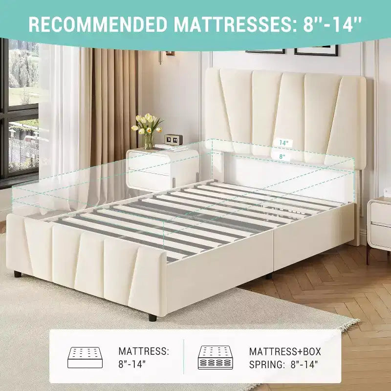 Lit Queen Size avec tête de lit réglable et 4 tiroirs de rangement, cadre de lit plateforme rembourré doux avec support à lattes en bois