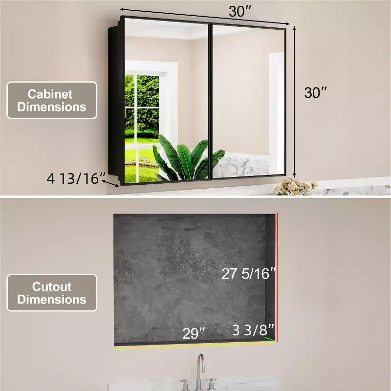 Armoire à pharmacie Elise avec miroir, armoire de salle de bain à montage en surface ou encastré, étagères réglables en verre trempé, réversible