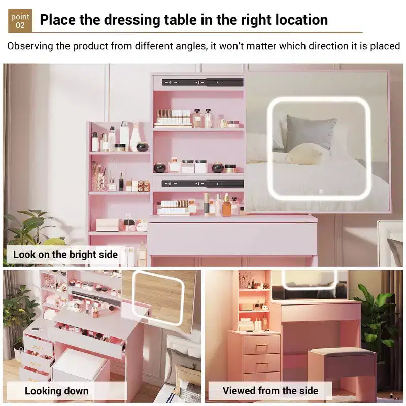 Coiffeuse avec miroir LED coulissant, 4 tiroirs, prise de courant, étagères de rangement, étagère ouverte, tabouret rembourré, meuble de maquillage pour chambre, rose