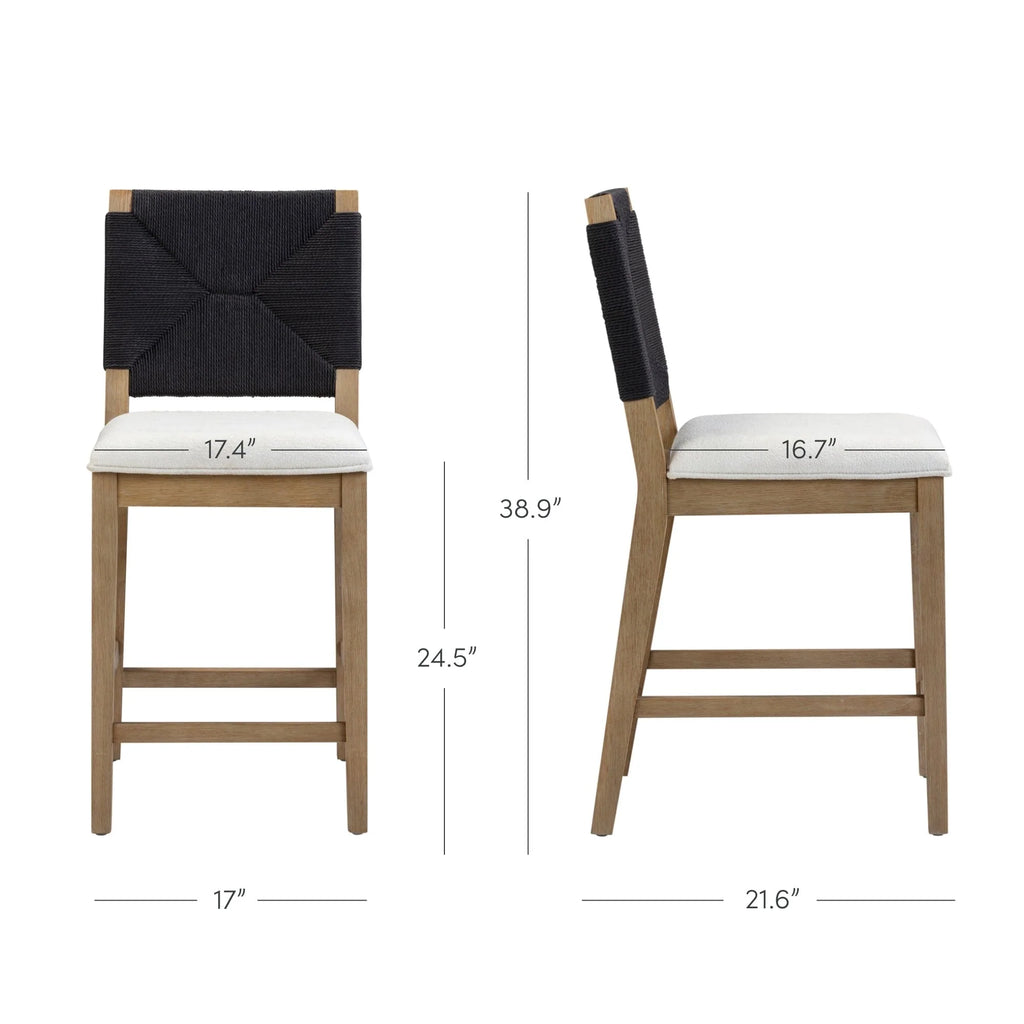 Tabouret de bar Beacon Bohemian Boucle, Chaise de comptoir rembourrée avec structure en bois massif et dossier en jonc de mer tressé