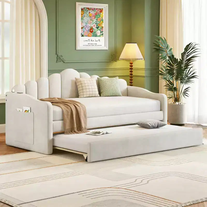 Lit de repos double en velours Luxystar avec lit gigogne et ports de charge