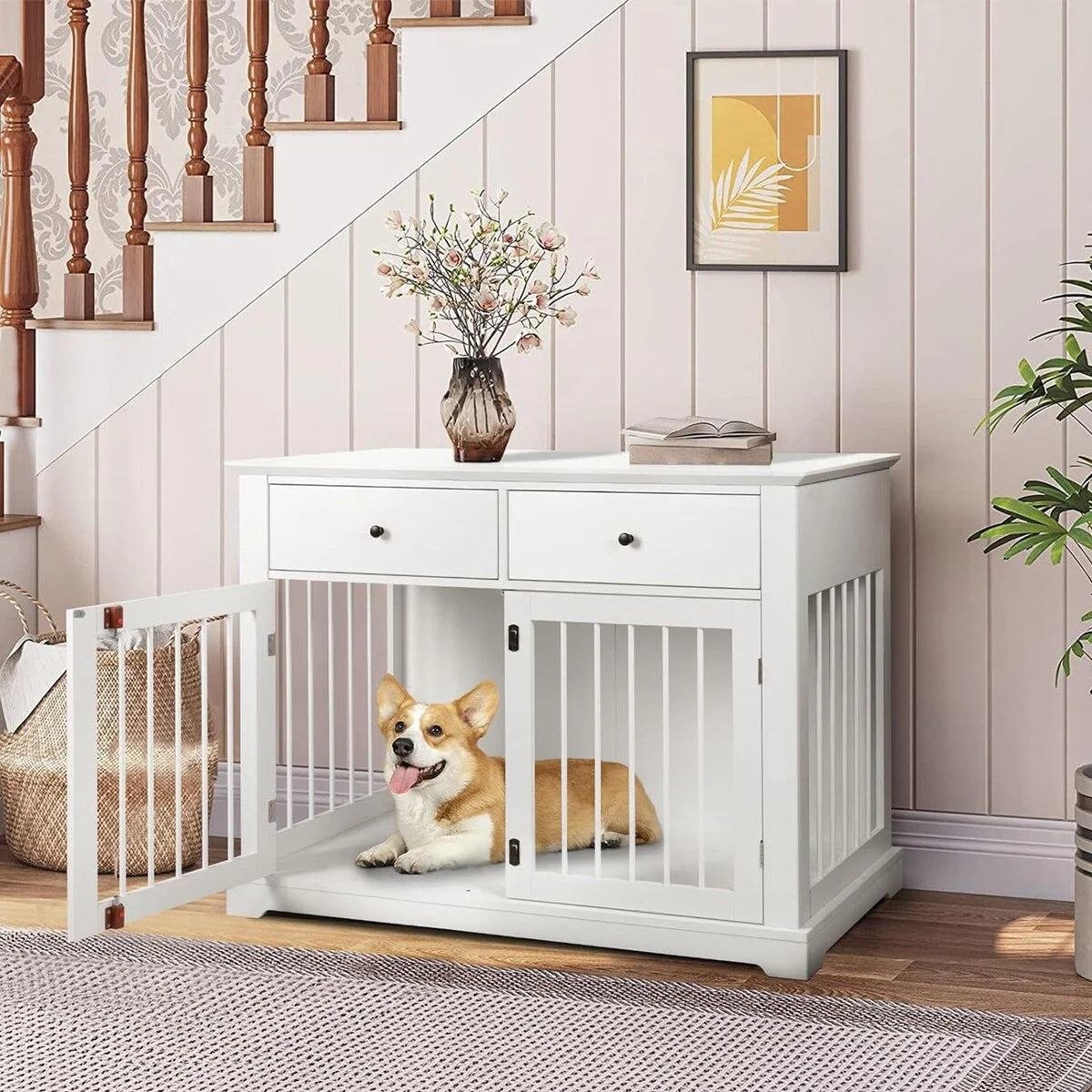 BOSSIN Cage pour Grand Chien de 112 cm, Meuble de Chenil en Bois avec Tiroirs de Rangement, Niche Décorative pour Animaux de Compagnie