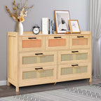 Commode 7 tiroirs en rotin VEVOR, commodes en bois de rotin naturel avec lumière LED, organisateur de vêtements et rangement de poitrine en bois moderne, commode bohème, couleur bois