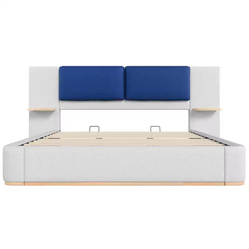 Cadre de lit plateforme capitonné Whisen King Size avec étagères de rangement latérales, tête de lit et panneau en PU doux, anti-collision, assemblage facile