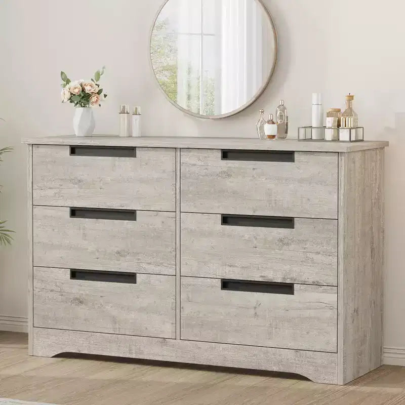 Commode à 6 tiroirs pour chambre à coucher, organiseur double moderne avec poignées encastrées, commode en bois pour salon