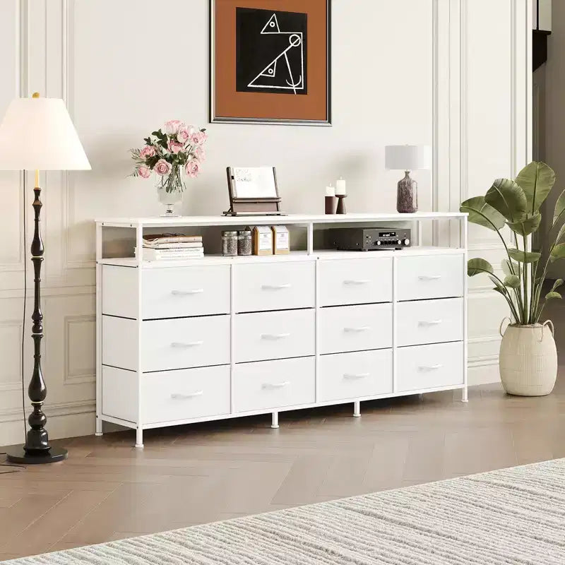 Commode TV de 160 cm en tissu pour chambre à coucher - Commode longue à 12 tiroirs pour salon - Commode noire avec étagères ouvertes