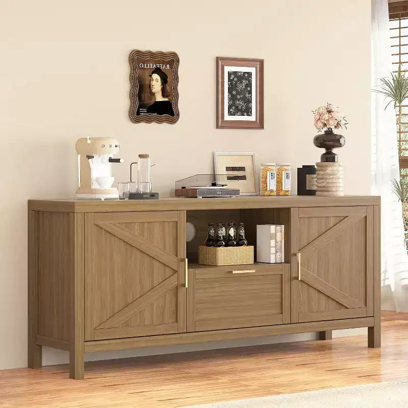 Meuble TV de ferme Garvee pour téléviseur jusqu'à 65 pouces, meuble de divertissement avec porte, grand rangement, étagère réglable pour salon/chambre à coucher