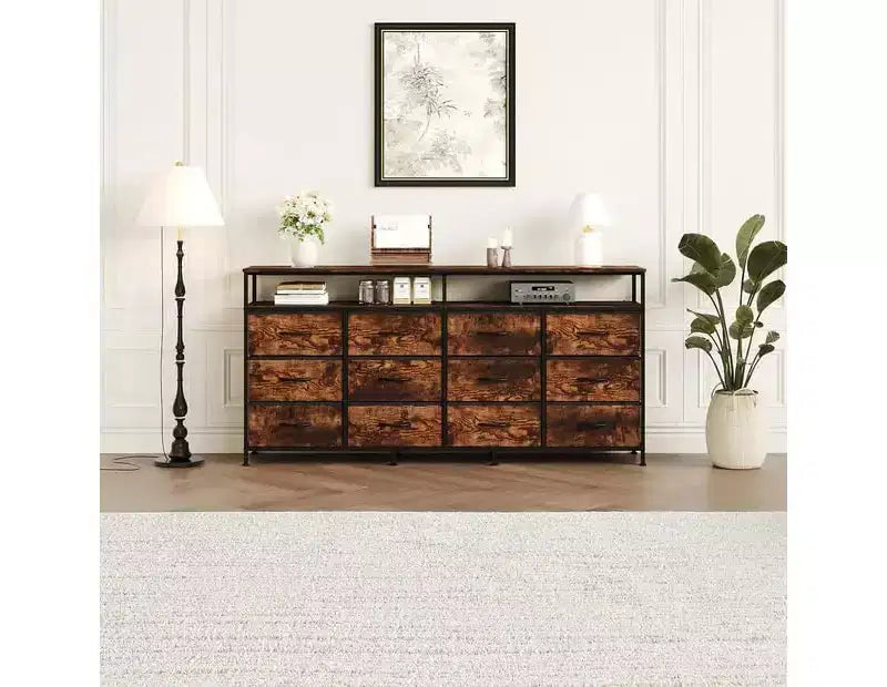 Commode TV de 160 cm en tissu pour chambre à coucher - Commode longue à 12 tiroirs pour salon - Commode noire avec étagères ouvertes