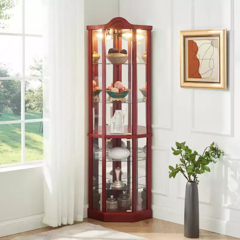Vitrine d'angle en verre avec éclairage, décorations sculptées et étagères réglables pour bar ou cave à vin