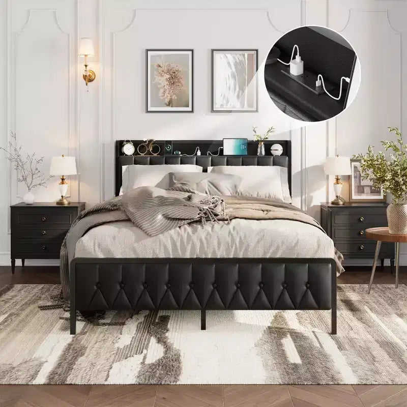 Cadre de lit double avec revêtement en similicuir PU, tête de lit capitonnée avec station de recharge, cadre de lit plate-forme double entièrement métallique avec rangement, noir