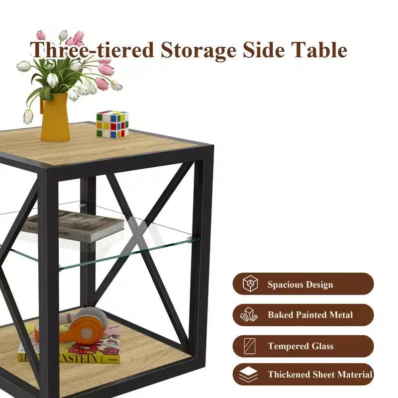 Lot de 2 tables d'appoint modernes avec tiroir - Tables de chevet en MDF grain de bois rustique et plateau en verre trempé pour chambre et salon