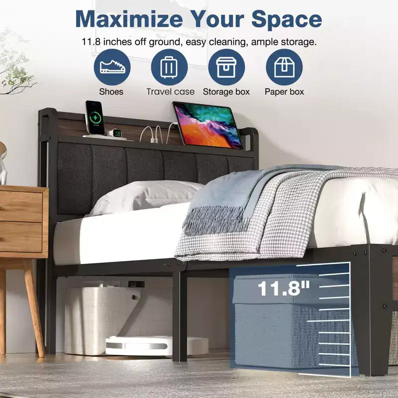 Lusimo Cadre de lit Twin XL, Lit plateforme rembourré avec tête de lit de rangement et station de charge