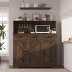Buffet de salle à manger 59" style ferme avec portes de grange, 3 tiroirs et étagères, support pour micro-ondes, rangement moderne pour cuisine ou salle à manger