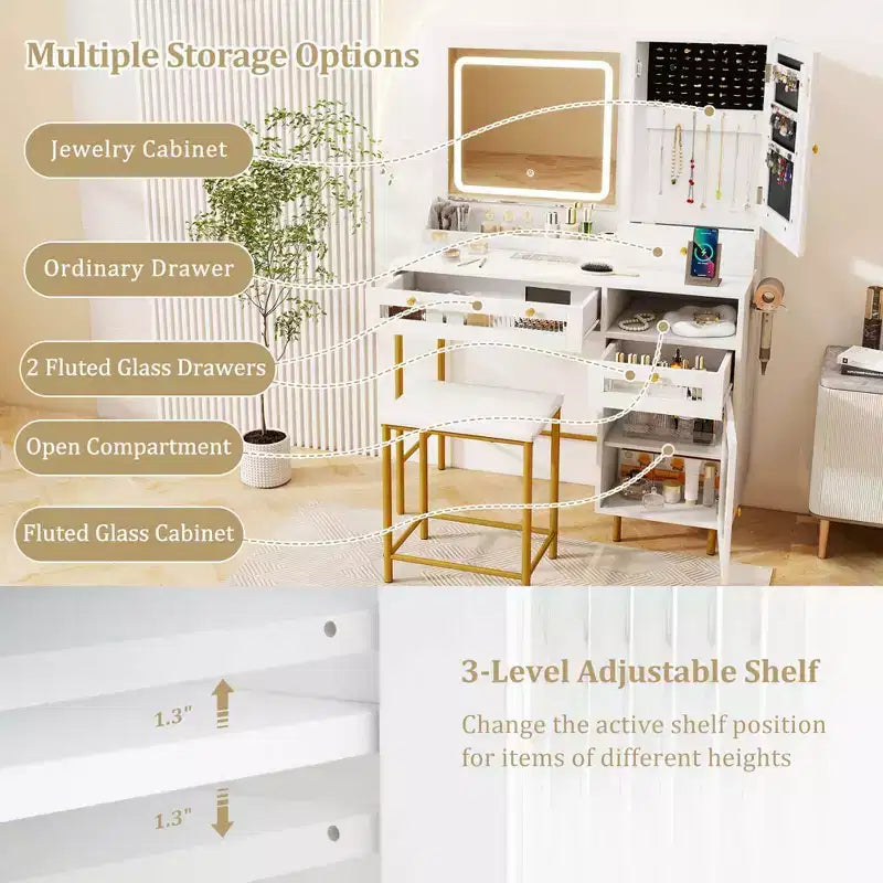Costway Coiffeuse avec Miroir et Lumières 3 Modes d'Éclairage et Luminosité Réglable