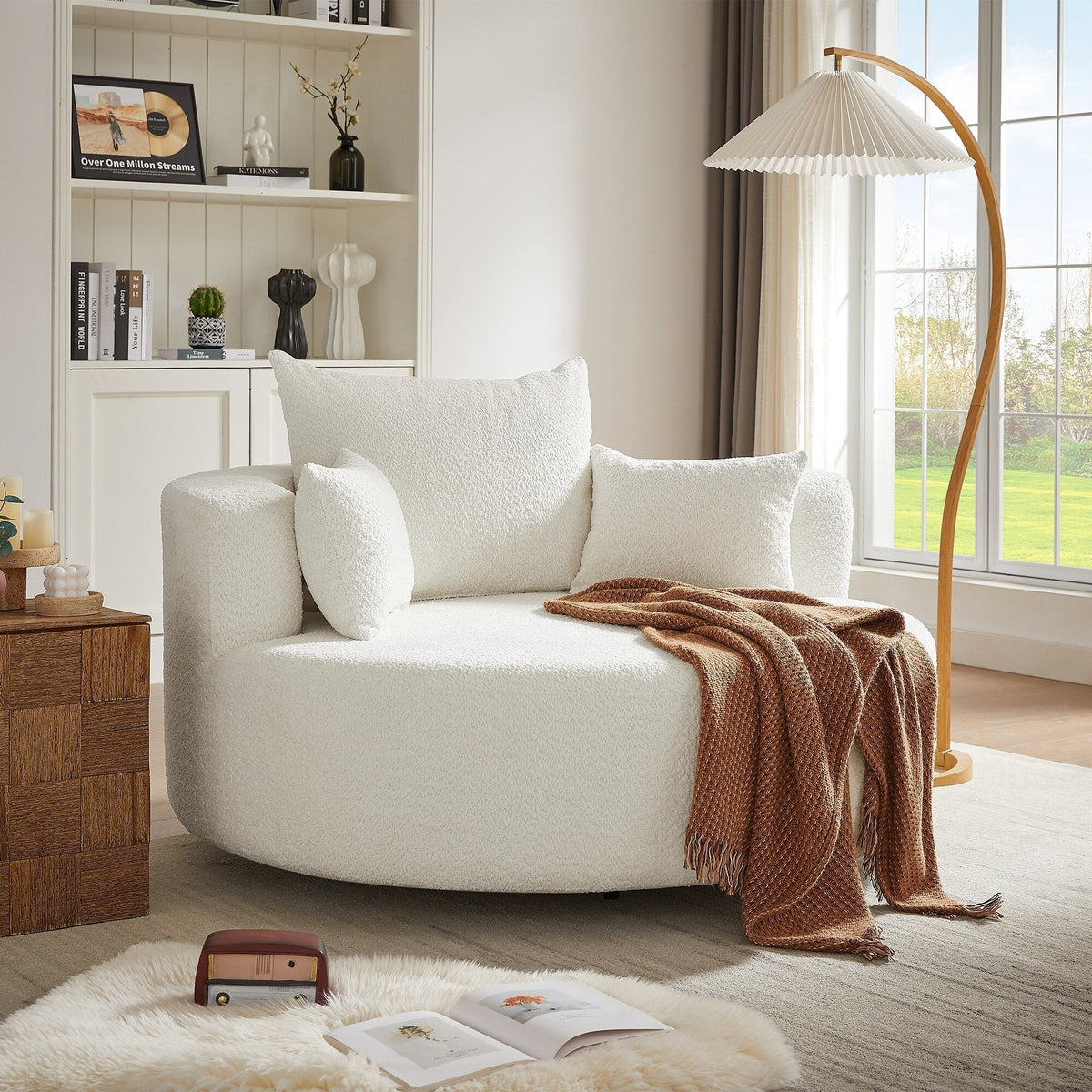 Fauteuil baril accent en chenille, Fauteuil de salon, Fauteuil rond avec base pivotante à 360 degrés et 3 coussins amovibles