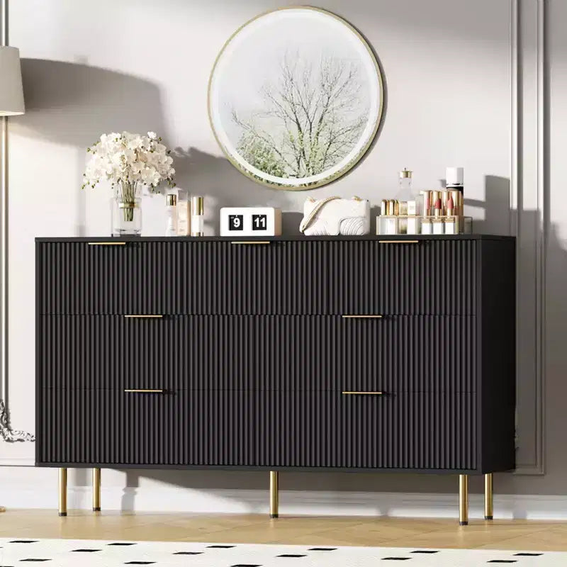Commode moderne à 7 tiroirs cannelés avec poignées dorées, large commode de rangement en bois pour chambre à coucher, salon, entrée