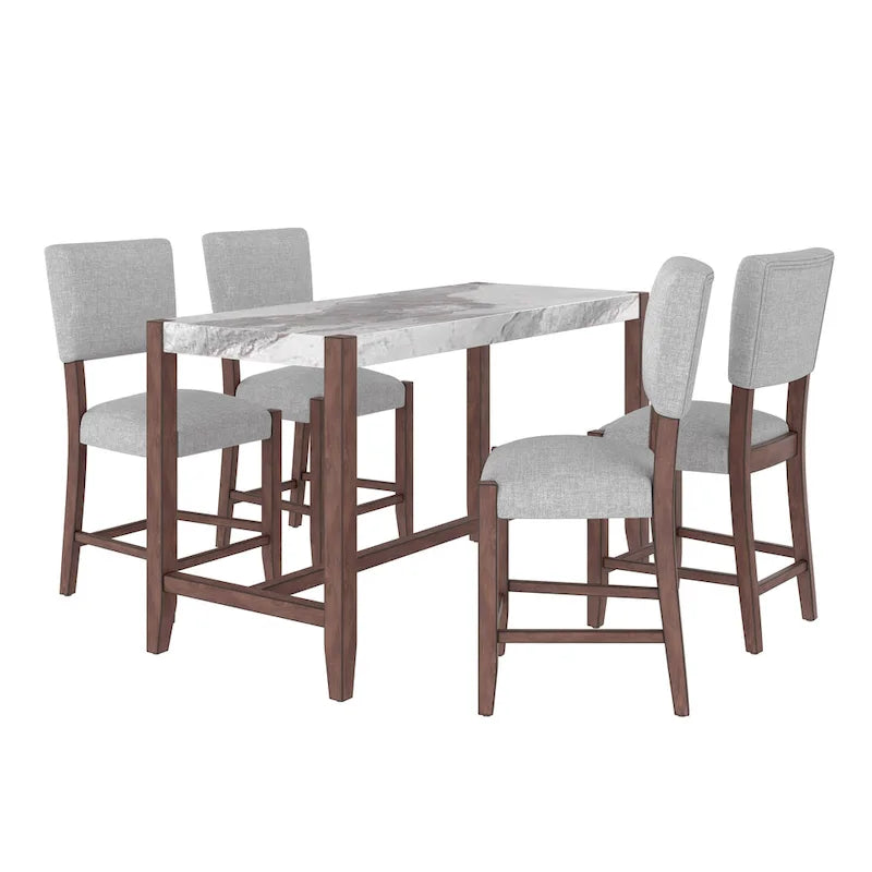 Ensemble de salle à manger 5 pièces à hauteur de comptoir, table de bar en faux marbre et 4 chaises rembourrées