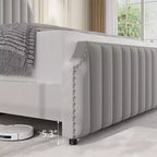Cadre de lit en velours, tête et pied de lit matelassés à rayures verticales avec rivets, lit plateforme rembourré, lattes en bois robustes