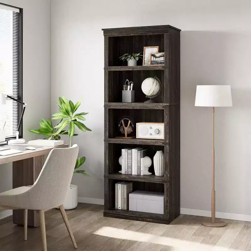 Bibliothèque à 5 niveaux Whizmax, étagère de style rustique avec rangements, étagères ouvertes pour bureau à domicile, salon, chambre à coucher