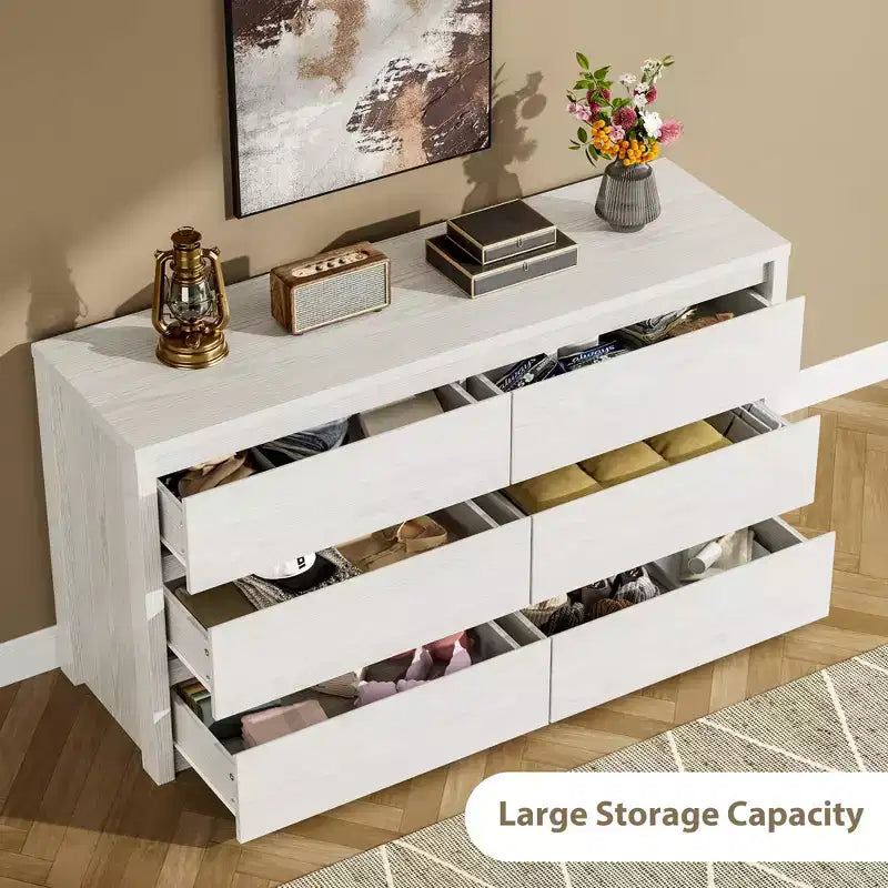 Commode large en bois à 6 tiroirs - Meuble de rangement moderne sans poignée pour chambre, salon, couloir et entrée, grande commode.