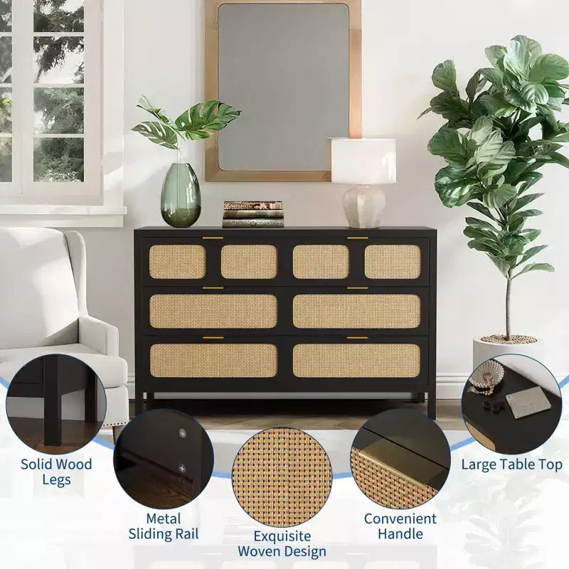 Commode à 6 tiroirs en rotin, poignées en métal, pieds en bois, style bohème et ferme, rangement chêne pour chambre, salon, couloir, entrée