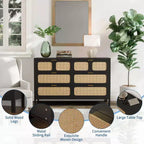Commode à 6 tiroirs en rotin, poignées en métal, pieds en bois, style bohème et ferme, rangement chêne pour chambre, salon, couloir, entrée