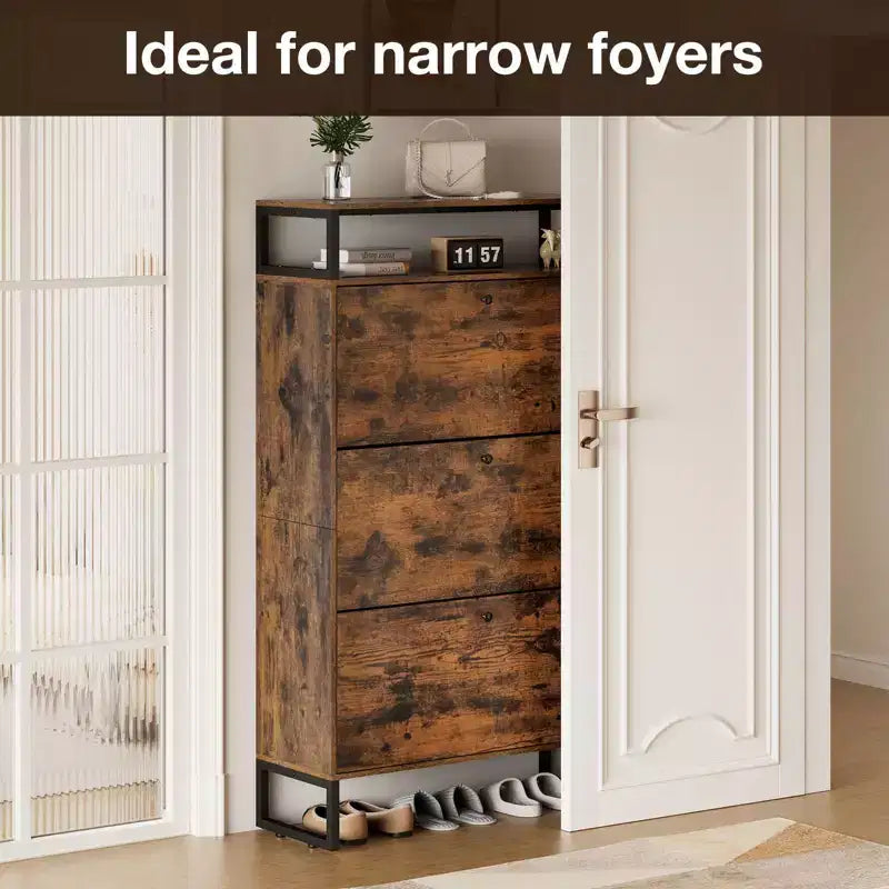 GARPROVM Meuble à chaussures en bois de style mi-siècle avec 3 portes basculantes et étagères amovibles, rangement pour chaussures d'entrée