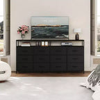 Commode TV de 160 cm en tissu pour chambre à coucher - Commode longue à 12 tiroirs pour salon - Commode noire avec étagères ouvertes