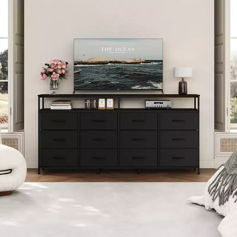 Commode TV de 160 cm en tissu pour chambre à coucher - Commode longue à 12 tiroirs pour salon - Commode noire avec étagères ouvertes
