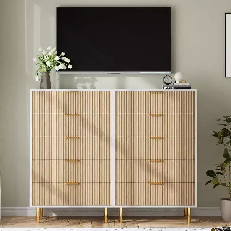 Commode moderne à 5 tiroirs avec poignées dorées - Grand meuble de rangement pour chambre, salon et entrée