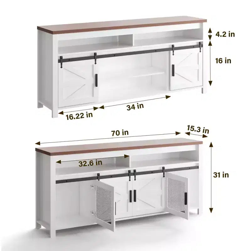 Meuble TV de ferme GustoWave, console TV robuste avec étagère réglable et porte coulissante style grange pour salon, chambre, blanc/noyer